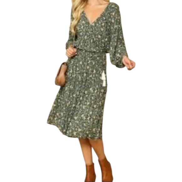 Three Bird Nest Midi Dress Long Sleeve Tiered Floral V Neck Cottagecore Green S - Picture 1 of 5